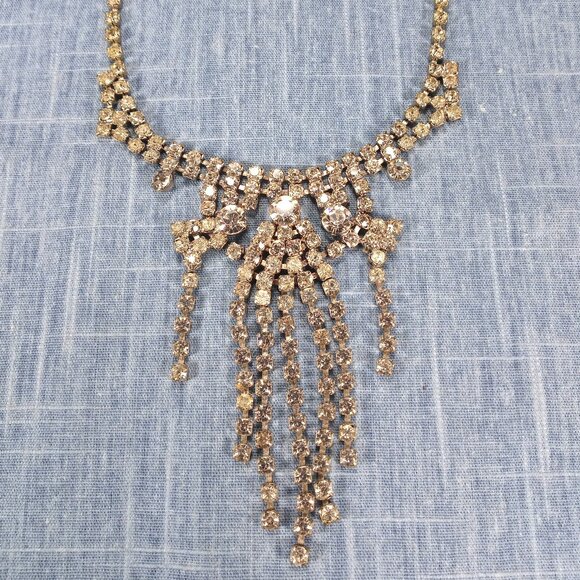 Jewelry - 1950s Vintage Statement Necklace with Drop Strands of Clear Rhinestone